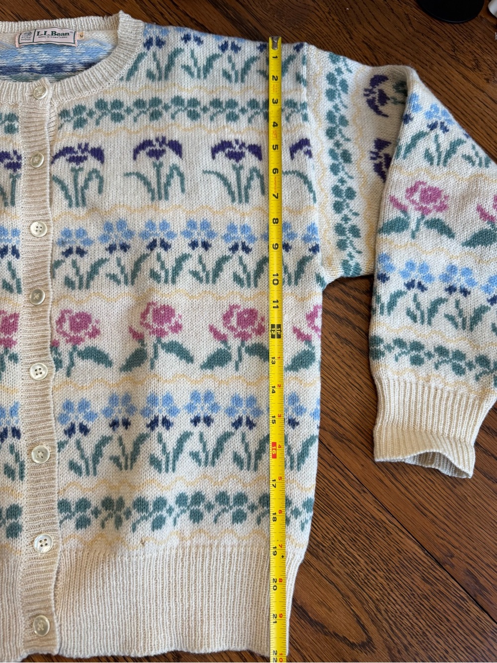 Vintage LL Bean Cream Floral Button-Up Sweater Cardigan - Picture 7 of 10